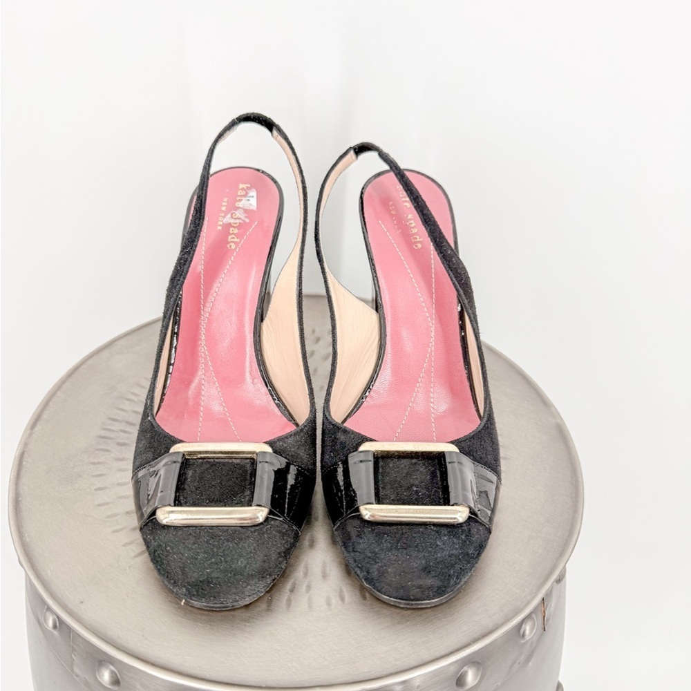 kate spade Black Suede Slingback Heels with Pink Insole